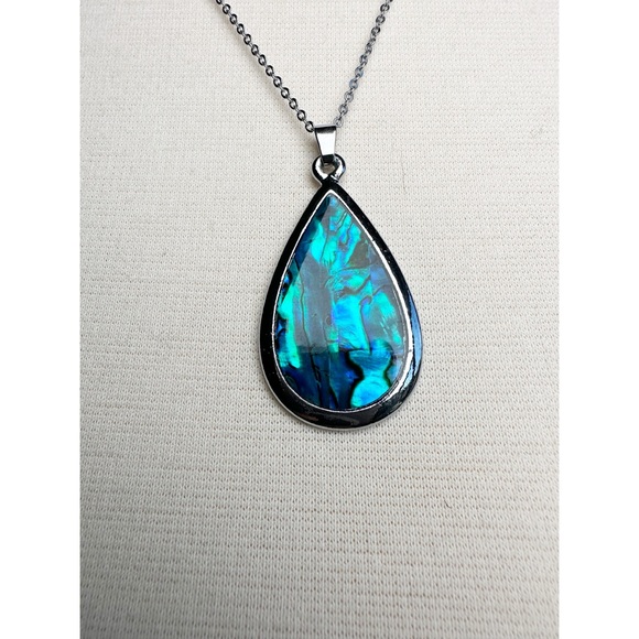 teardrop pendant necklace featuring an iridescent Paua shell inlay Silver Toned - Picture 2 of 6